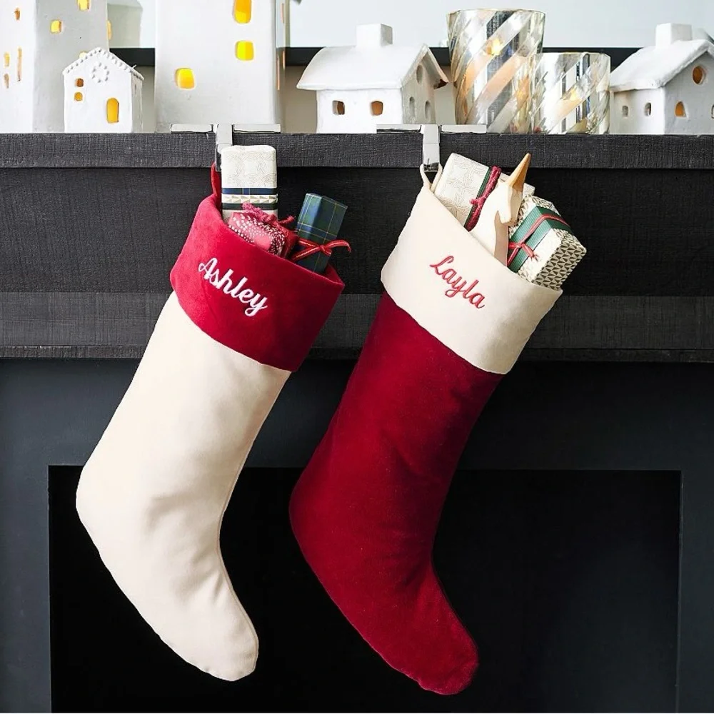 Pottery Barn Large Velvet Red and Cream Holiday Stockings (set of two)